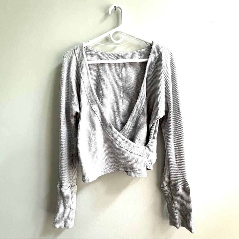 We The Free Gray Ribbed Wrap Blouse